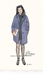 young lady holding a book dressed in a well-cut navy blue coat