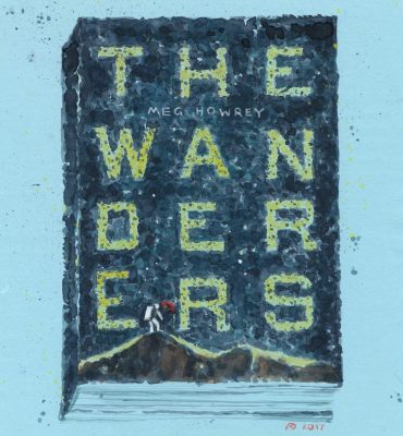 a book cover reading The Wanderers in speckled watercolour finish, tiny astronaut with an umbrella at the bottom