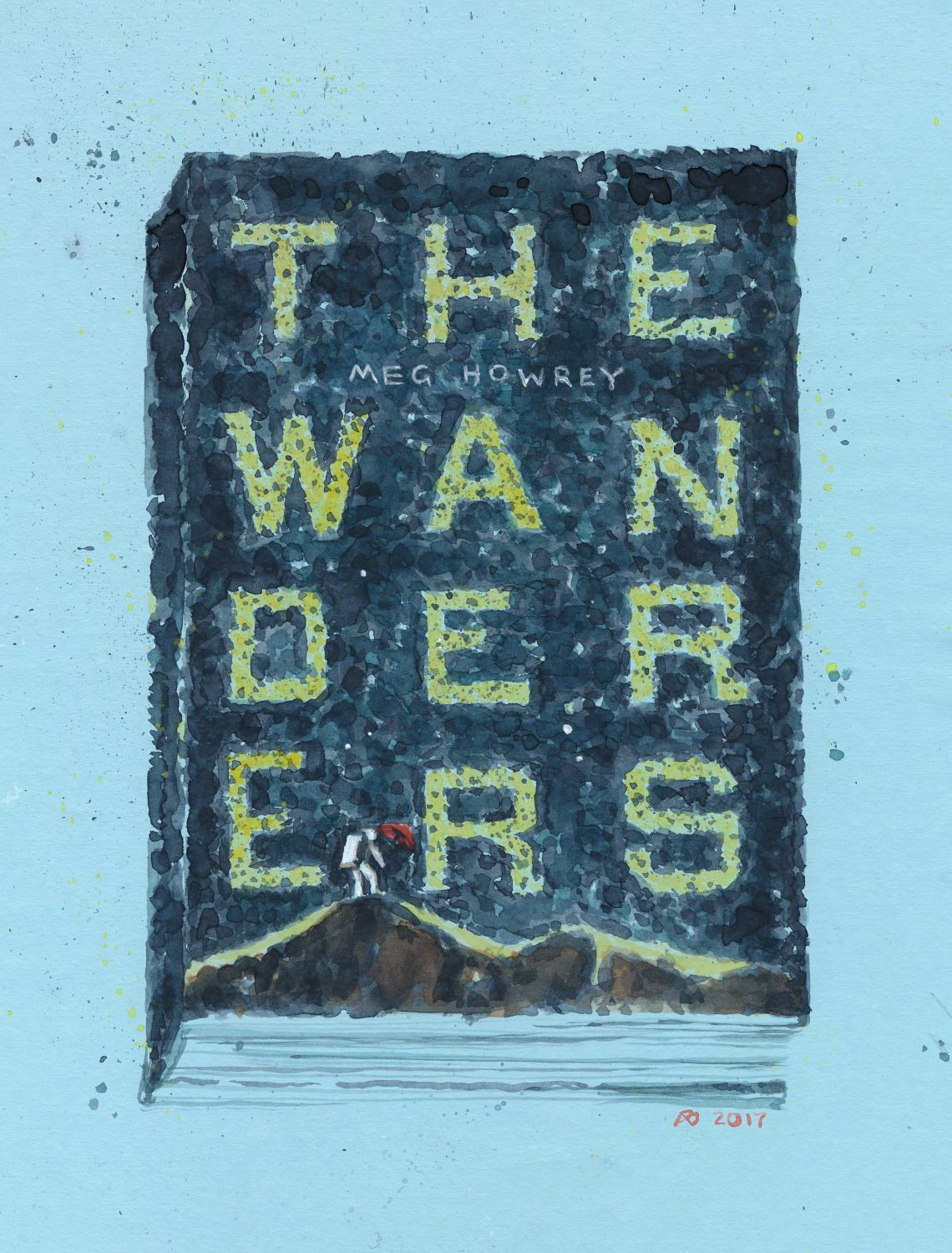 a book cover reading The Wanderers in speckled watercolour finish, tiny astronaut with an umbrella at the bottom