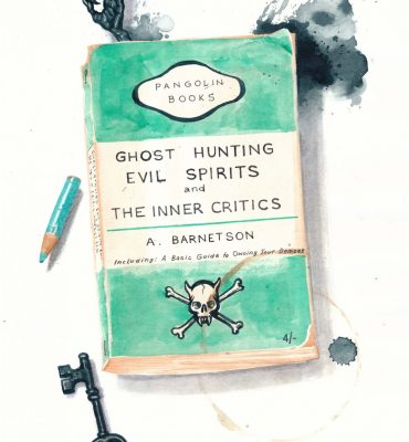 A realistic painting of a weathered paperback book titled Ghost Hunting, Evil Spirits and the Inner Critic. There is an old fashioned key, the stub of a turquoise pencil next to it and a gnarled little claw poking out of the book.