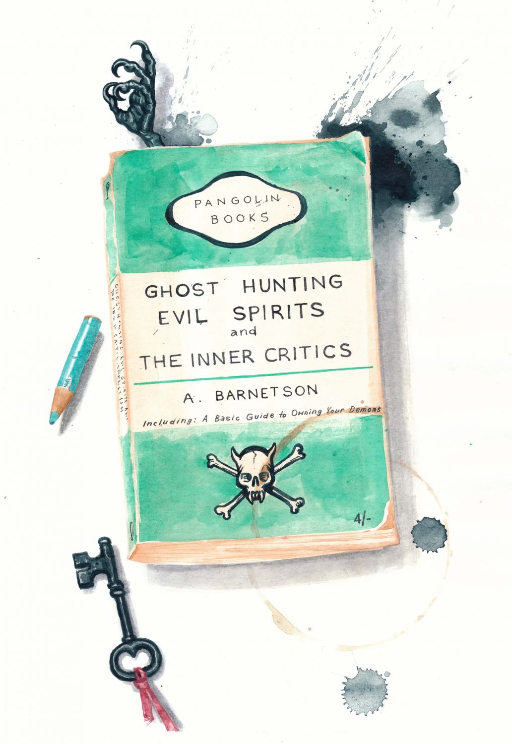 A realistic painting of a weathered paperback book titled Ghost Hunting, Evil Spirits and the Inner Critic. There is an old fashioned key, the stub of a turquoise pencil next to it and a gnarled little claw poking out of the book.