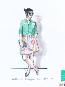 A watercolour fashion illustration showing Anne in a green shirt and pink skirt by Melbourne fashion label Devoi