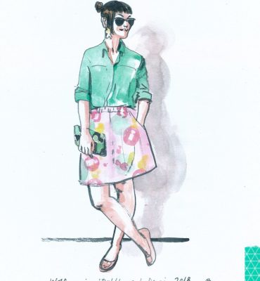 A watercolour fashion illustration showing Anne in a green shirt and pink skirt by Melbourne fashion label Devoi