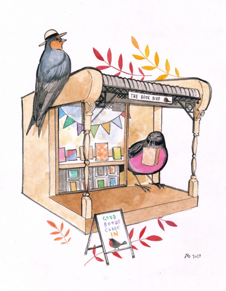 An ink and watercolour image of a bird box bookshop with a swallow and a pink robin.