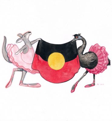Two picture book characters hold aloft the Aboriginal flag