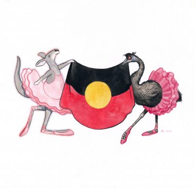 Two picture book characters hold aloft the Aboriginal flag