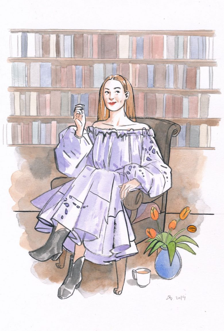 A watercolour illustration of author Bri Lee in a lilac dress, seated before a bookcase with a vase of tulips.