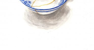 A blue and white porcelain bowl showing signs of breakage and repair, above ble text reading BROKEN