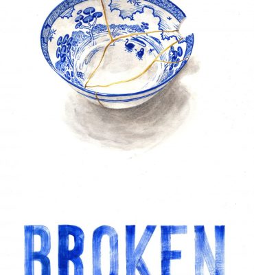 A blue and white porcelain bowl showing signs of breakage and repair, above ble text reading BROKEN