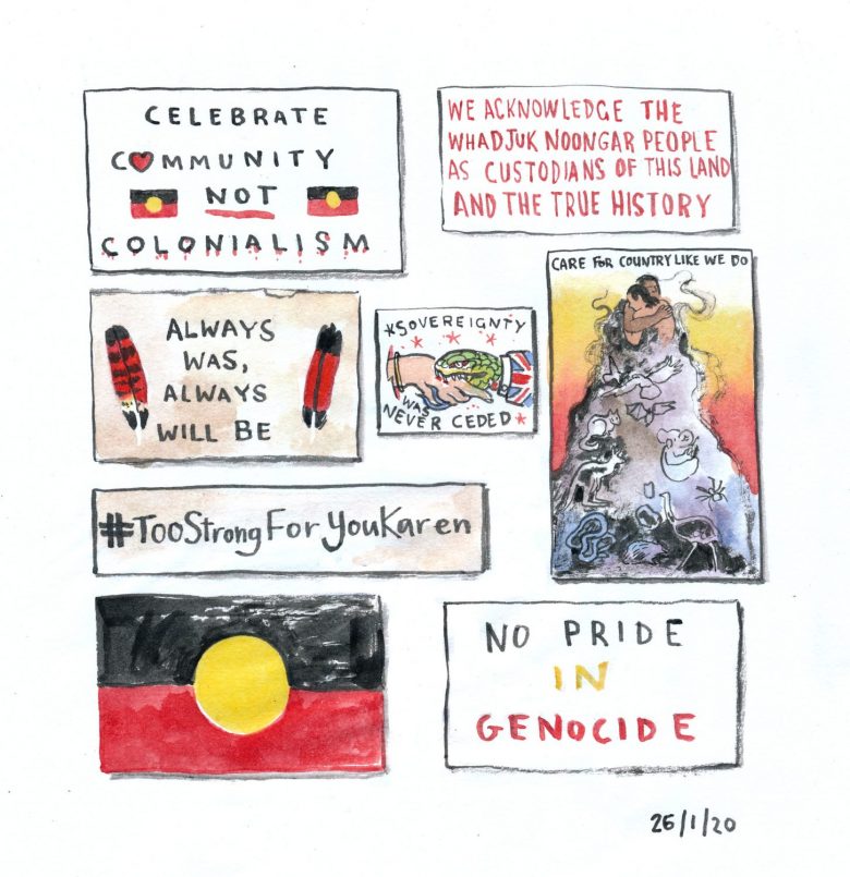 8 different protest signs representing invasion day sentiments