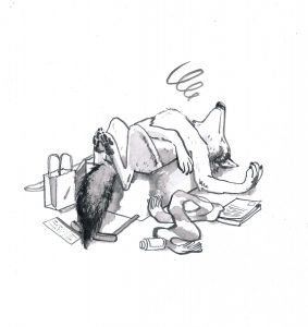 an ink sketch of a wolf lying in an open suitcase, objects scattered around